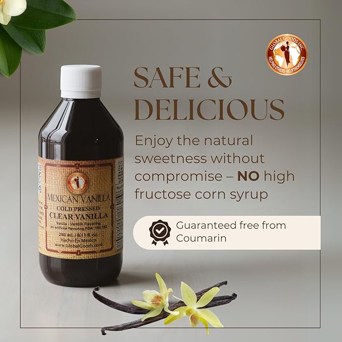 Pure Clear Mexican Vanilla Extract (8.12 fl oz) – Gluten-Free, Coumarin-Free Vanilla for Baking, Cakes, Cookies, Coffee & Desserts – Cold Pressed, Natural Vanilla