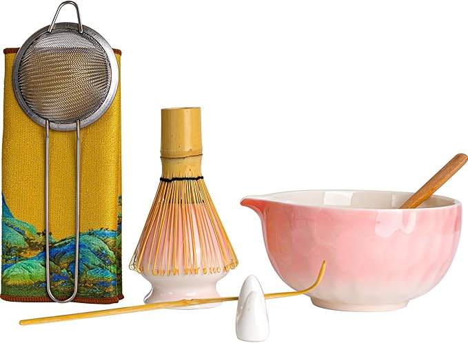 Japanese Matcha Whisk Set,Ceramic Matcha Set Includes Bowl with Spout, Matcha Sifter, Bamboo Whisk and Holder for Matchas Tea,2 Bamboo Scoop, Scoop Rest,Tea Towel - 8 Pcs Kit Gift for Matcha Lovers