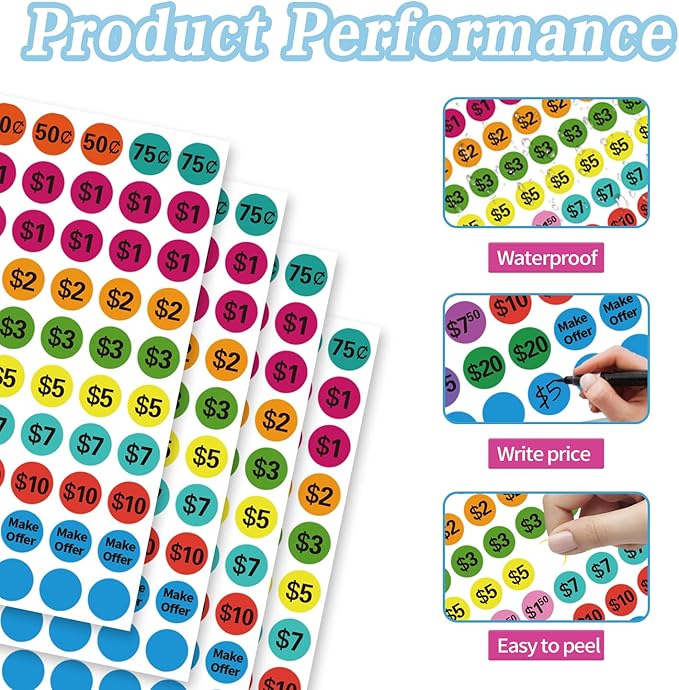Removable Garage Sale Stickers, 1750 Pcs Yard Sale Price Sticker, 3/4" Round Preprinted Garage Sale Price Stickers Labels for Flea Markets, County Fairs & Retail