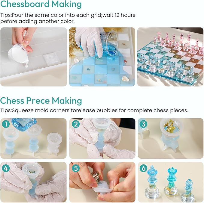 Resiners Chess Molds, Resin Chess Set Mold with 16 Piece 3D Full Size Chess Checkers & Chess Board, DIY Chess Board Game, Epoxy Resin NOT Include