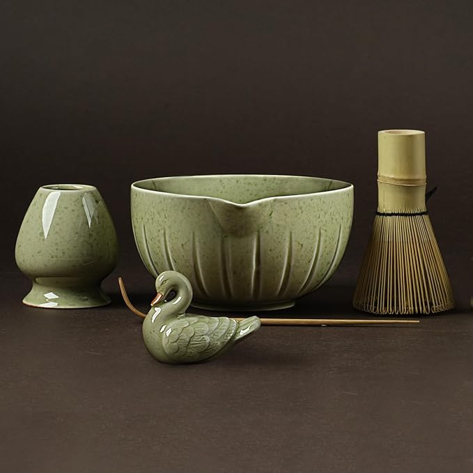 Matcha Whisk Set - 5PCS Japanese Tea Set Includes Matcha Bowl with Spout, Bamboo Whisk with Ceramic Holder, Bamboo Scoop and Sifter, Matcha Kit for Ceremony, Gift for Family/Friend (Matcha Green)