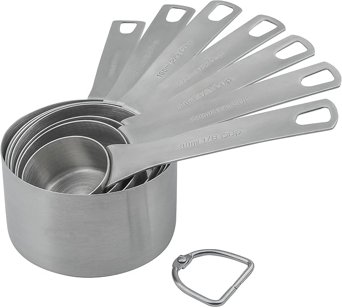 Smithcraft Measuring Cups Set of 7, 18/8 Stainless Steel Measuring Cups with 1/8, 1/4, 1/3, 1/2, 2/3, 3/4 & 1 Cup for Kitchen & Baking, Dry and Liquil Metal Metric Measure Cups Set