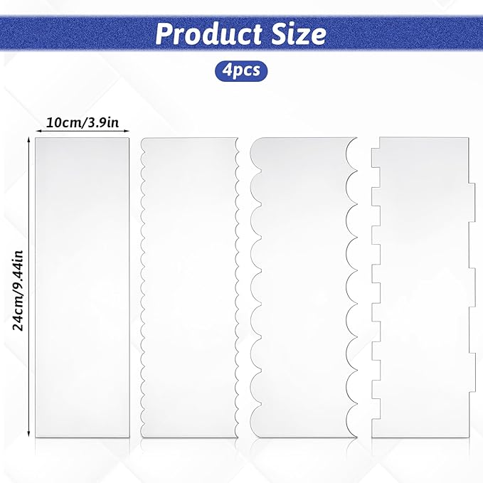 4pcs Acrylic Cake Scrapers Clear Cake Combs Icing Frosting Buttercream Edge Smoother Large Clear Acrylic Scraper for Icing Perfect for Butter Cream Frosting Decorating