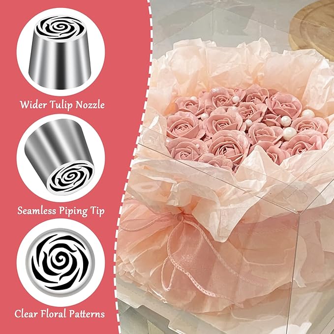 Extra Large Russian Piping Tip Stainless Steel Rose Floral Piping Nozzle Icing Piping Kit for Cake Decorating Flower Frosting Piping Pastry Cupcakes Cakes Cookies Desserts Baking Tool