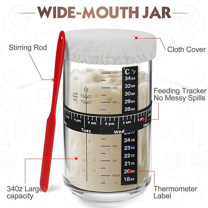 Sourdough Starter Kit Banneton Bread Proofing Basket Set with 32oz Jar, Dough Whisk, Lame & More Cotton Blend Baking Supplies for Sourdough Bread