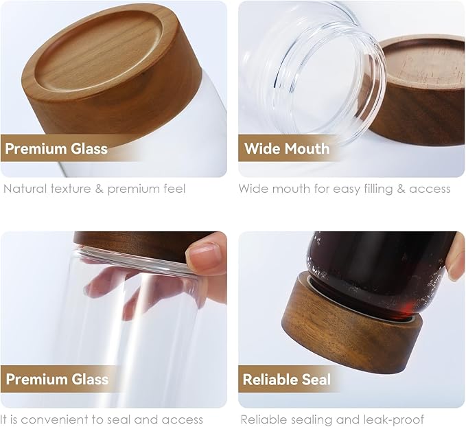 2-Pack 13 oz Glass Mason Jars with Acacia Wood Lids - Sealable, Leakproof, Clear & Stackable Food Storage Containers for Overnight Oats, Meal Prep, Flour, Sugar & Rice Storage