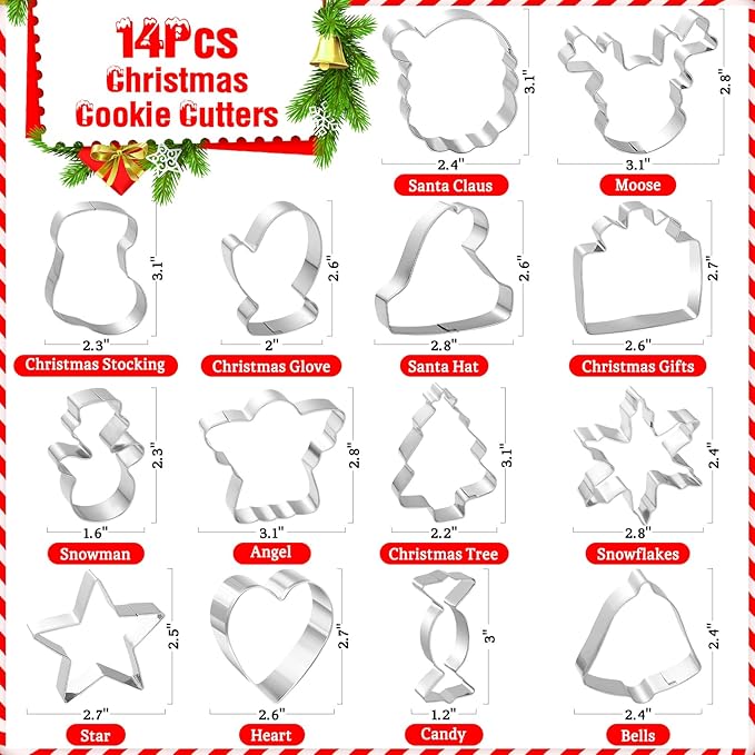 14-Piece Christmas Cookie Cutter Set - Classic Christmas Patterns, Food-Grade Stainless Steel, Easy Demold & Perfect for Holiday Baking