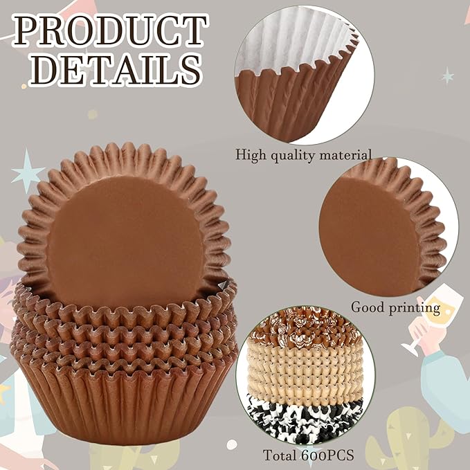 600 Pcs Western Cowboy Cupcake Liner Paper Baking Cups Brown Bandana Cow Print 4 Designs Muffin Liner Cake Storage Container for Rodeo Birthday Party DIY Crafts Supplies, 2 x 1.2 Inch