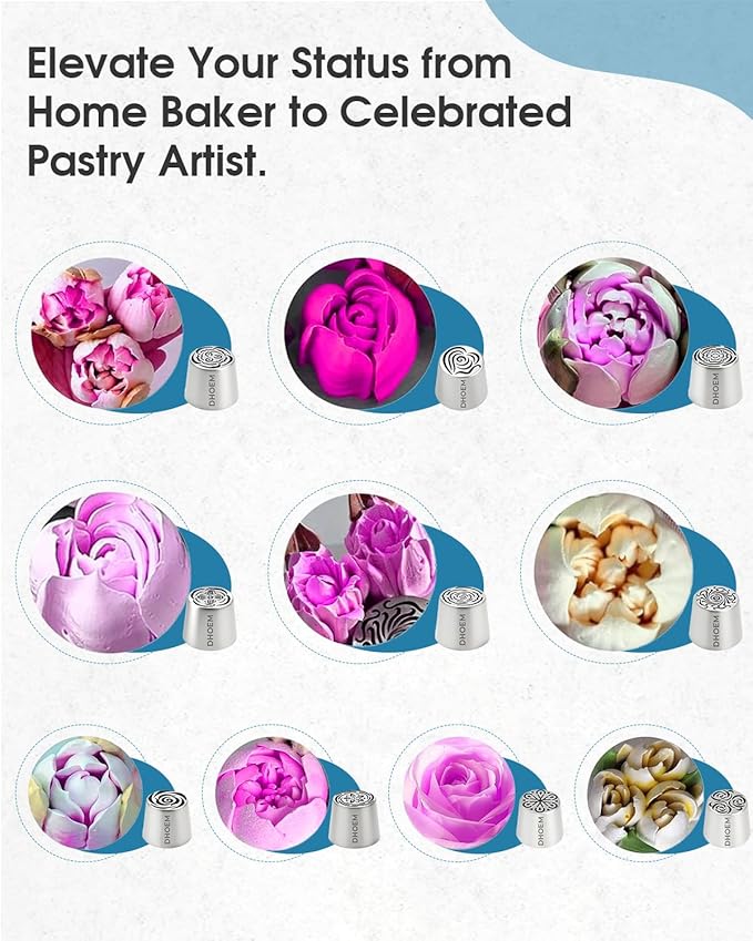 60Pcs Extra Large Russian Piping Tips Set,10 Flower Nozzles Baking, Stainless Steel Rose Floral Piping Nozzles, Nozzle for Cake Decorating for Buttercream Flowers, Cake Decorating Supplies for Wedding