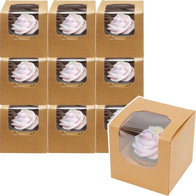 qiqee 60-Packs Cupcake Boxes Auto-pop up Individual Cupcake Container Brown Kraft 3.5" x 3.5" x 3.5" Single Cupcake Boxes