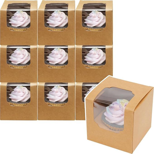 qiqee Auto-pop up Cupcake Boxes 100-Packs Individual Cupcake Container Brown Kraft 3.5" x 3.5" x 3.5" Single Cupcake Boxes