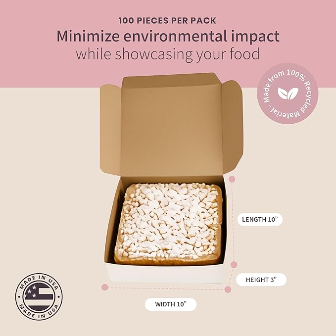 Reversible Bakery Boxes 10 x 10 x 3 in, No Window Lock Corner Pie and Cake Boxes with Front Tuck Lock & Side Clips, Kraft or White Exterior, Microwavable, 100 Pack