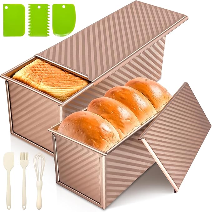 2Pack Bread Loaf Pan with Lids – 1 LB Dough Capacity, Non-Stick Carbon Steel Pullman Loaf Pan for Homemade Sandwich and Sourdough Bread, Corrugated Toast Mold Gold