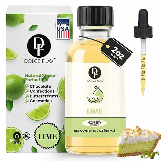 Dolce Flav Natural Lime Extract – 2 Ounce Oil-Soluble Kosher, Sugar-Free, Concentrated Citrus Lime Flavor for Candy, Chocolates & Desserts, Includes Measured Dropper