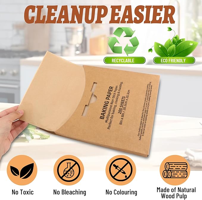 200 Pcs Parchment Paper Baking Sheets, 8"x8" Precut Non-Stick Baking Parchment Paper Sheets Bun Sheet Pan Liners.Baking Grilling Air Fryer Steaming Bread Cup Cake Cookie (Brown-8"x8")