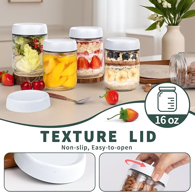 6-Pack Glass Storage Containers with Lids, Overnight Oats Containers with Lids, Wide Mouth Mason Jars 16oz, Glass Jar with Airtight Lid for Yogurt, Chia, Spice, Snack, Oats, Food Storage
