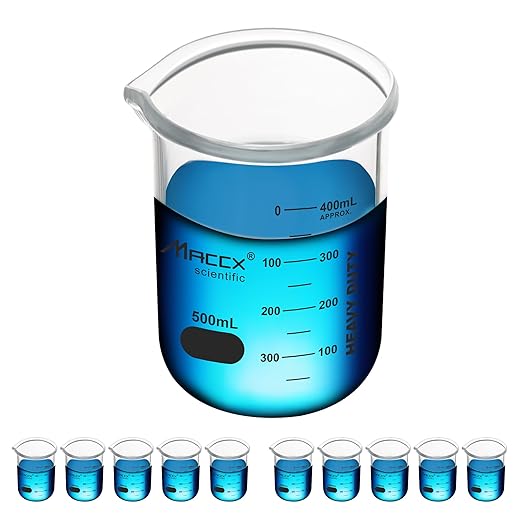 16.9oz(500ml) Sturdy Glass Beaker, Heavy-Duty Beaker Set, 3.3 Borosilicate Griffin Low Form with Printed Graduation, Pack of 10, BKL500-010