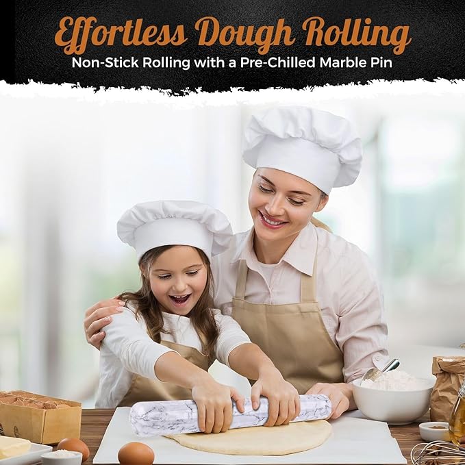 Flexzion French Rolling Pin, 12 Inch White Marble Rolling Pins for Baking with Wooden Base Holder Stand - Non-Stick Baking Roller for Baking Fondant, Crust, Pastry, Cookies, Pizza, Pasta