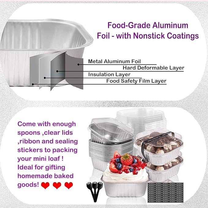 10oz Mini Cake Pans With Lids 50 Pack,Aluminum Foil Square Brownie Baking Cups,4”x4” Disposable Loaf Pans With Lids and Spoons Stickers,Large Cupcake Pans Muffin Cake Tins Cake Container(Silver)