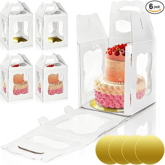 6 Pieces Tall Cake Boxes for Tier Cakes, 10''W x 10''L x 12''H Paper Bakery Carrier with Cake Board Window Handle, Disposable Large Layer Cake Safe Transport Box for Birthday, Wedding, Party