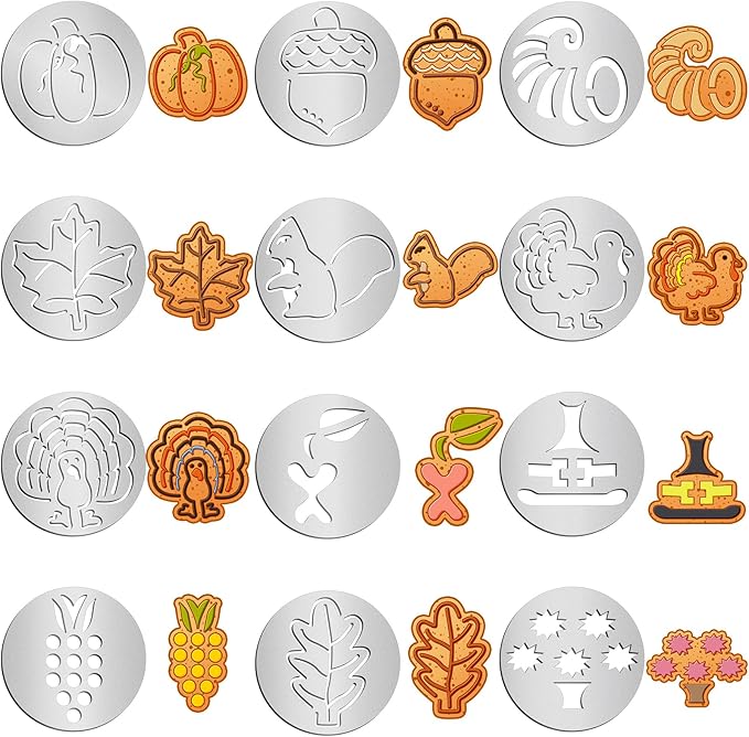 Nuenen 12 Pcs Thanksgiving Cookie Press Set Cookie Press Discs Stainless Steel Stencils Metal Mold Disc for Baking Holiday Cakes Thanksgiving Birthday Cake Decoration, 12 Style (Natural)