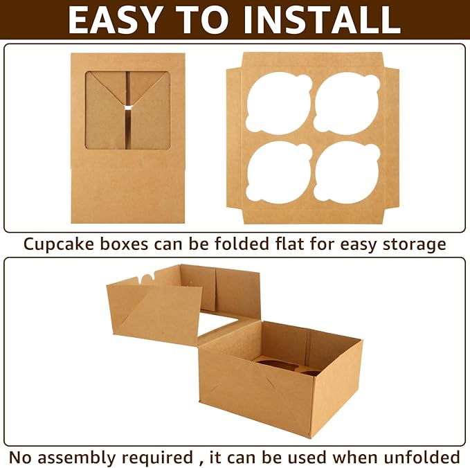QTLCOHD 40 Pack Cupcake Boxes 4 Count, 6 x 6 x 3 Inch Folded Cupcake Containers, Brown Muffin Boxes with Window Bulk for Cookie, Pastry, Cake, Dessert, Treat Packaging