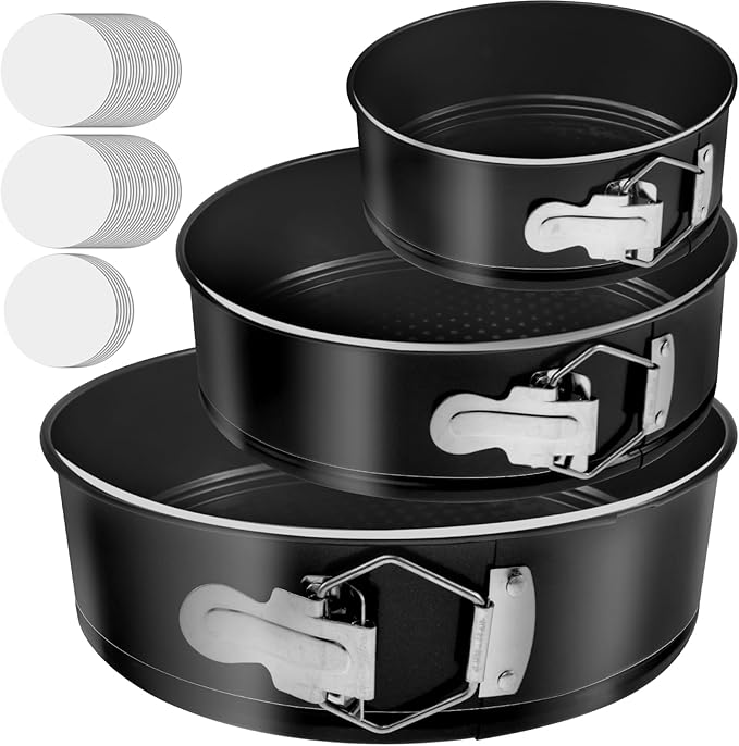 Cake Pan Set of 3, Nonstick Springform Pans with Removable Bottom, Leakproof Stainless Steel Round Cake Pans, 4, 7, 9 Inch Spring Form Pan for Cheesecake with 50 Pcs Parchment Paper Liners