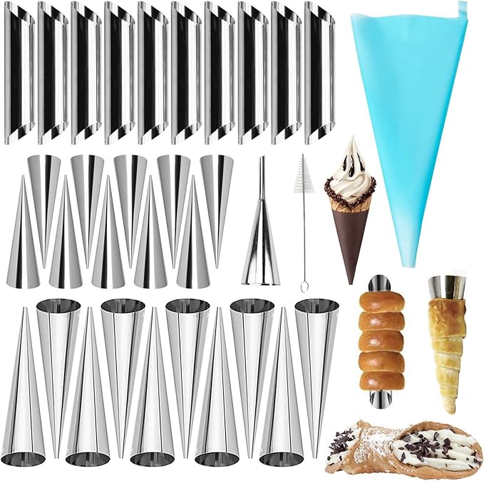 33 Pcs Stainless Steel Cannoli Tubes Kits, 5 Inch Cone Molds for Cream Horn, Danish Pastry, Lady Lock Form