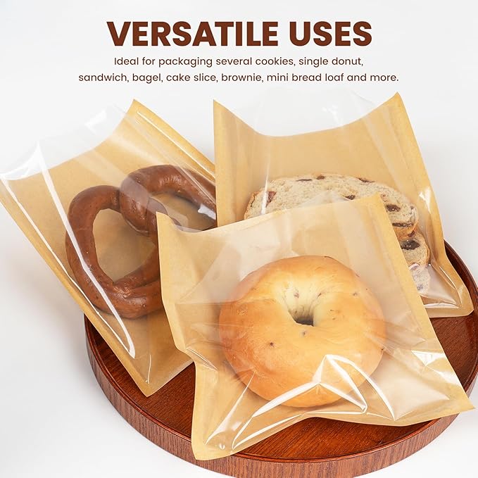 200 Pack Heat Sealable Bakery Bags with Window, 7.1x7.5 Inch Cookie Packaging Bags with Seal Bake Sale Paper Sleeves for Bagel, Cake Slice, Sandwich, Donut, Pastry
