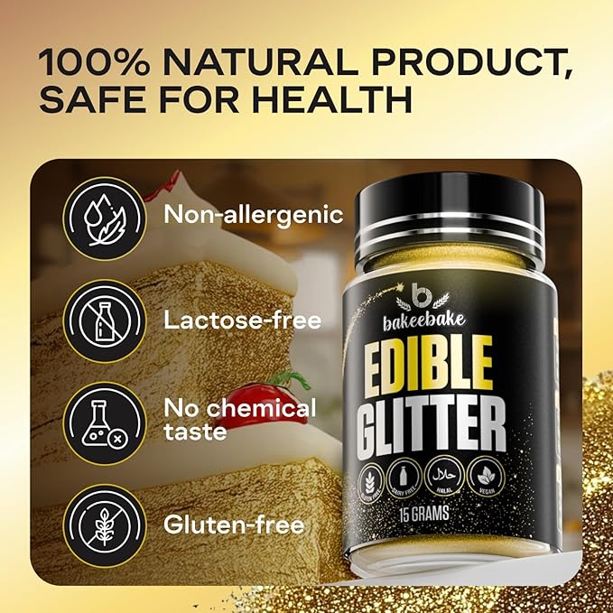 Bakeebake Edible Glitter 15g - Edible Glitter for Drinks & Desserts - Gluten Free Cake Decorating – Tasteless Vegan Drink Cocktails and Parties (Gold, 15 grams)