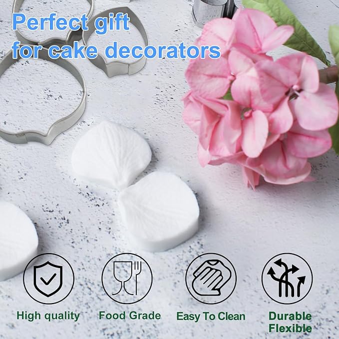 Hydrangea Fondant Mold & Cutter Set, 2 Pcs Silicone Molds with 3 Pcs Stainless Steel Cutters for Flower Veining and Cake Art