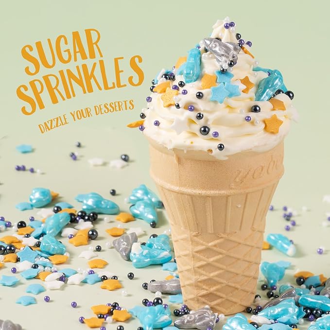 Space Theme Sprinkles Edible Blue Sliver Rocket Stars Sprinkles Galaxy Spacecraft Pearls Sugar Candy for Cookie Decorations Baking Cake Cupcake Topper Decoration 4.2 Ounce