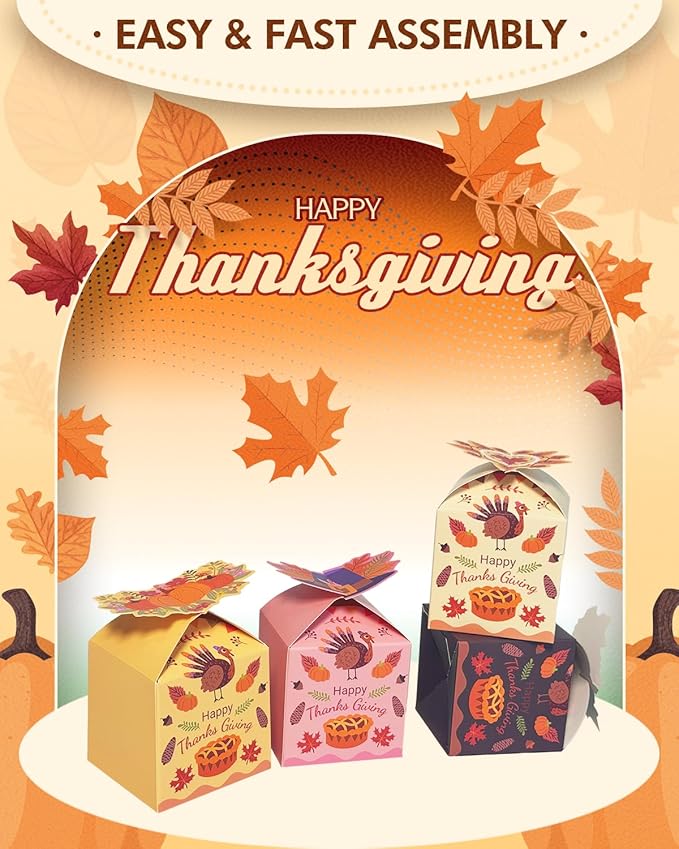 qiqee Thanksgiving Gift Boxes Fall Treat Cookie Boxes for Gift Giving Festival Party, 3D Square Gift Box,Small Cardboard Box for Bakery,Candy,Snacks (28pcs 3.3x3.3x3.3 Inches)