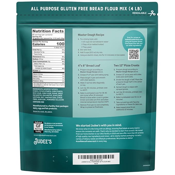 Judee's All Purpose Gluten Free Bread Flour Mix 4 lb - Make Homemade Bread, Pizza Crusts, Bagels, Buns, English Muffins, Focaccia and More - Great for Baking and Cooking