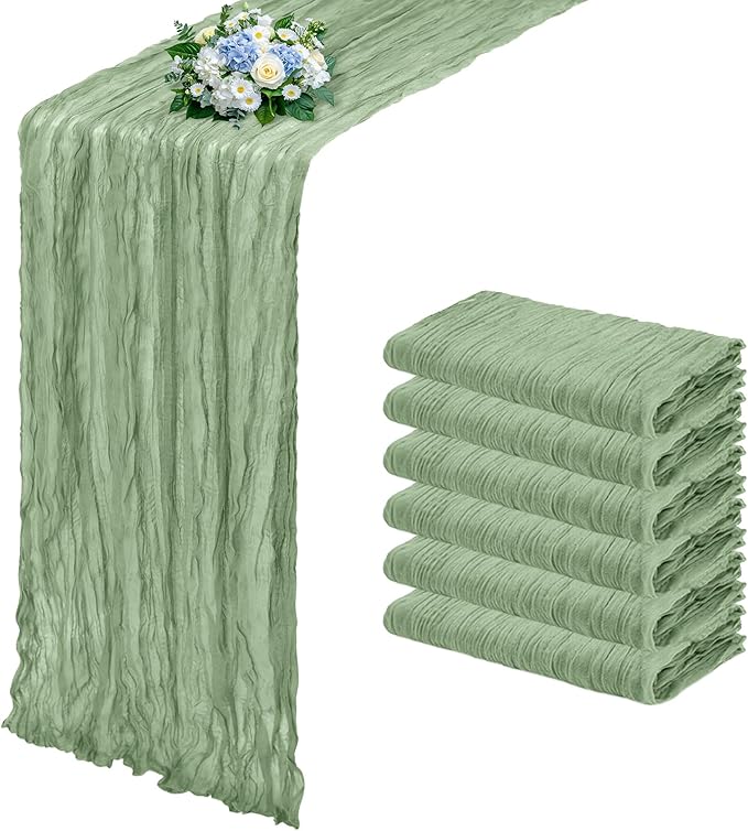 6 Pack Sage Green Cheesecloth Table Runner 17x108 Inch Semi Sheer Boho Gauze Cheese Cloth Fabric Table Runners, for Wedding Party Baby Shower Birthday Home Decor Garden Farmhouse