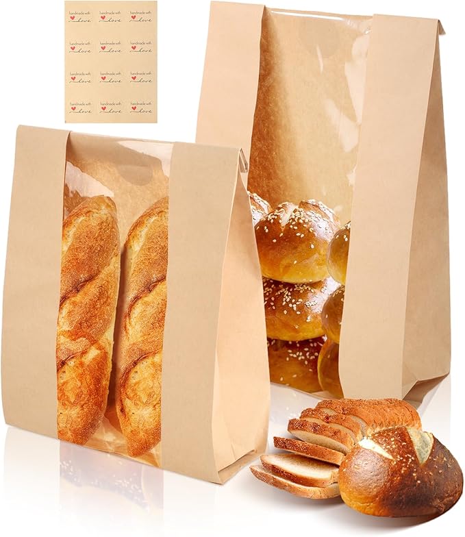 100 Pack Paper Bakery Bread Sourdough Bags with Stickers Bakery Packaging Bags with Window for Homemade Bread