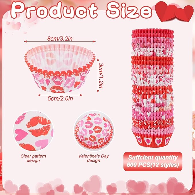 600 Pack Valentines Cupcake Liners Standard Muffin Cupcake Cups Cupcake Wrappers Paper for Wedding Party Decorations Supplies (12 Styles)