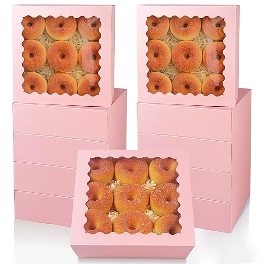 qiqee 10x10x2.5 Inch Pink Pie Boxes with Window 12Packs Cookie Donut Bakery Box (Auto-pop Up)