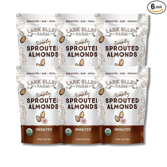 Lark Ellen Farm Raw Almonds, Sprouted Unsalted, Steam Pasteurized, Certified USDA Organic, Gluten-Free Whole Shelled California Premium Nuts (10 oz, 6 Pack)