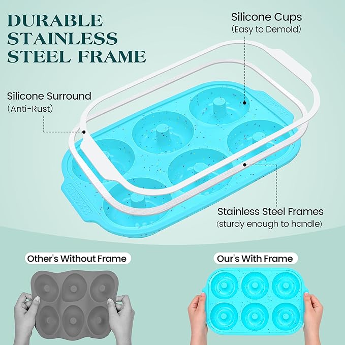 Silicone Donut Pan for Baking with Metal Reinforced Frame, Nonstick 3.25 inch Doughnut Baking Pans, 6 Cavity Donut Trays, Make Perfect Bagels and Cake Donuts (Aque+Cream)