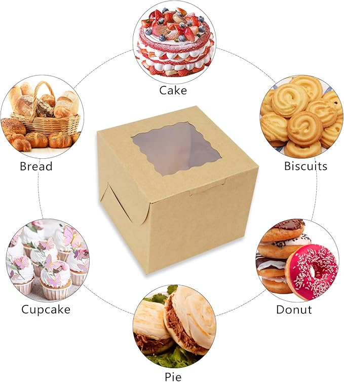 PQZKLDP 12 Pack Mini Cake Boxes, Brown 6 Inch Cake Box with Window, Dessert & Pastry Boxes
