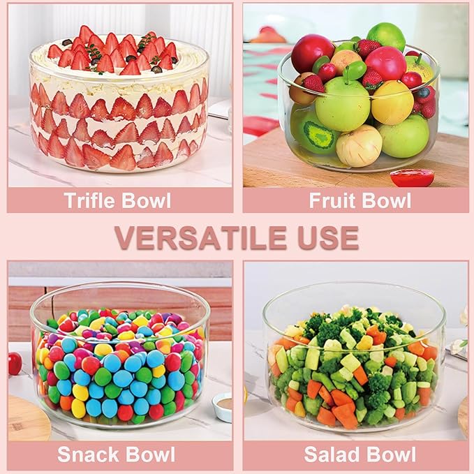 Large Salad Bowl, 8 Inch Trifle Bowl Glass Versatile Mixing and Serving Bowl for Laying Ice Cream,Cake,Cupcake,Salad,Fruit,Baking,Dessert and Party Diy, Microwave Safe