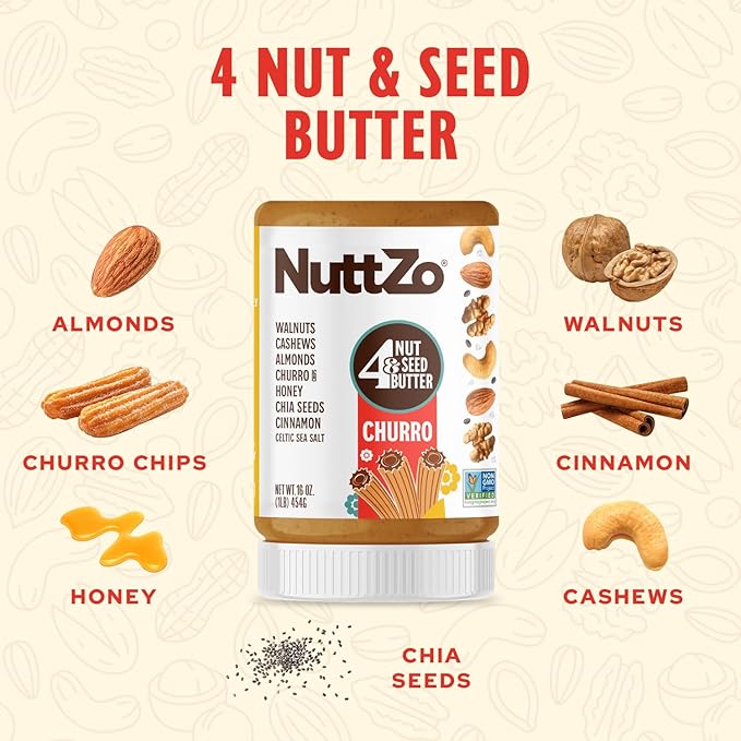 NuttZo Churro Nut & Seed Butter – 16oz | Cashew Butter Blend with Walnuts, Almonds, Chia Seeds, Cinnamon, Honey & Churro Chips | Gluten-Free, Non-GMO