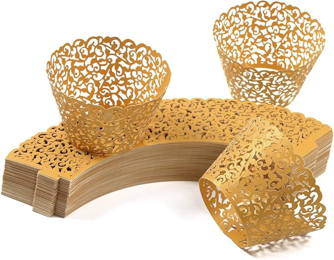 KPOSIYA Pack of 120 Cupcake Wrappers Artistic Bake Cake Paper Cups Vine Designed Laser Cut Cupcake Wraps Baking Cup Muffin Case Trays for Wedding Baby Shower Party Birthday Decoration (120, Gold)