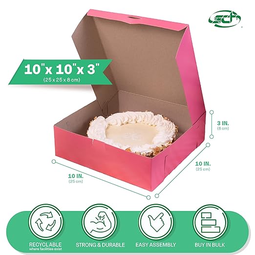 Southern Champion Tray 0871 Pink Paperboard Non-Window Lock-Corner Bakery Box, 10" Length x 10" Width x 3" Height (Case of 200)