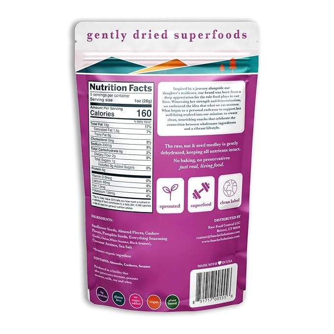 Snacks Solutions Nut and Seed Medley (5 oz -Pack of 6, Everything Bagel) Gluten Free, Natural and Perfectly Seasoned, Sunflower Seeds, Pumpkin seeds, Cashews and Almonds
