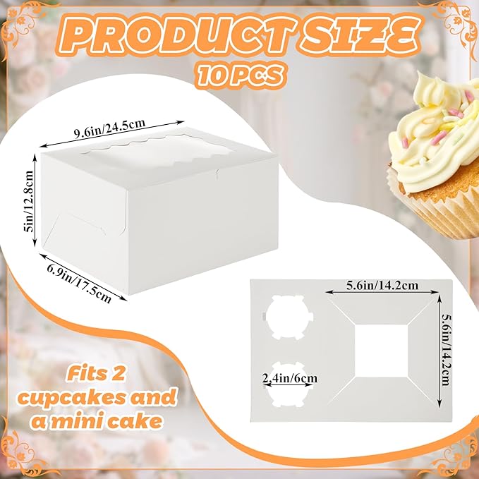 QTLCOHD 10 Packs 2+1 Cupcake Box with Window, 1 Small Cake and 2 Cupcakes Bento Cake Box with Insert and Stickers for Family Birthday Party Mother's day