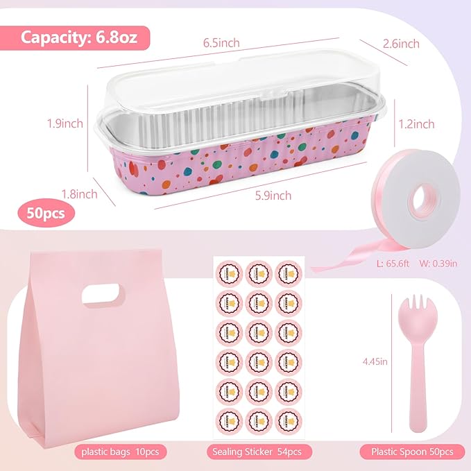 OcePor 50 Pack Mini Loaf Pans With Lids，Mini Cake Pans With Lids and Spoons，6.8oz Bread Loaf Pans Disposable，Small Aluminum Cake Tins,Baking Pans Individual (Colorful Polka Dot Powder)