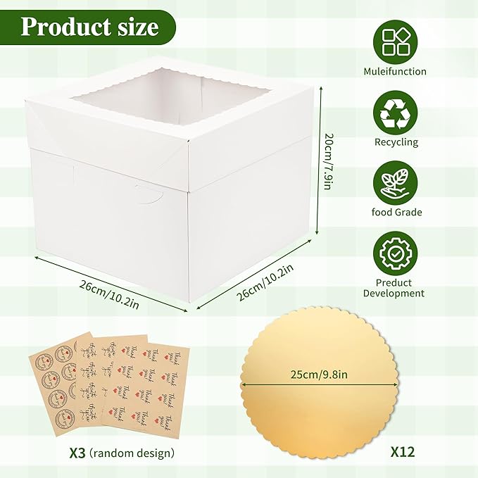 Cake Boxes with Window, 12Pack Set 10x10x8 Inches Paper Box with Bakery Boards, Disposable White Boxes for Birthaday Cake, Donuts, Pies, Cookies, Wedding, Party