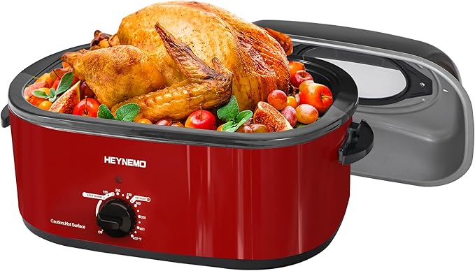 HEYNEMO 22Qt Turkey Roaster Oven Buffet with Self-Basting Lid, 1450W Electric Countertop Oven, Cool-Touch Handles, Stainless Steel, Removable Pan and Rack, Red